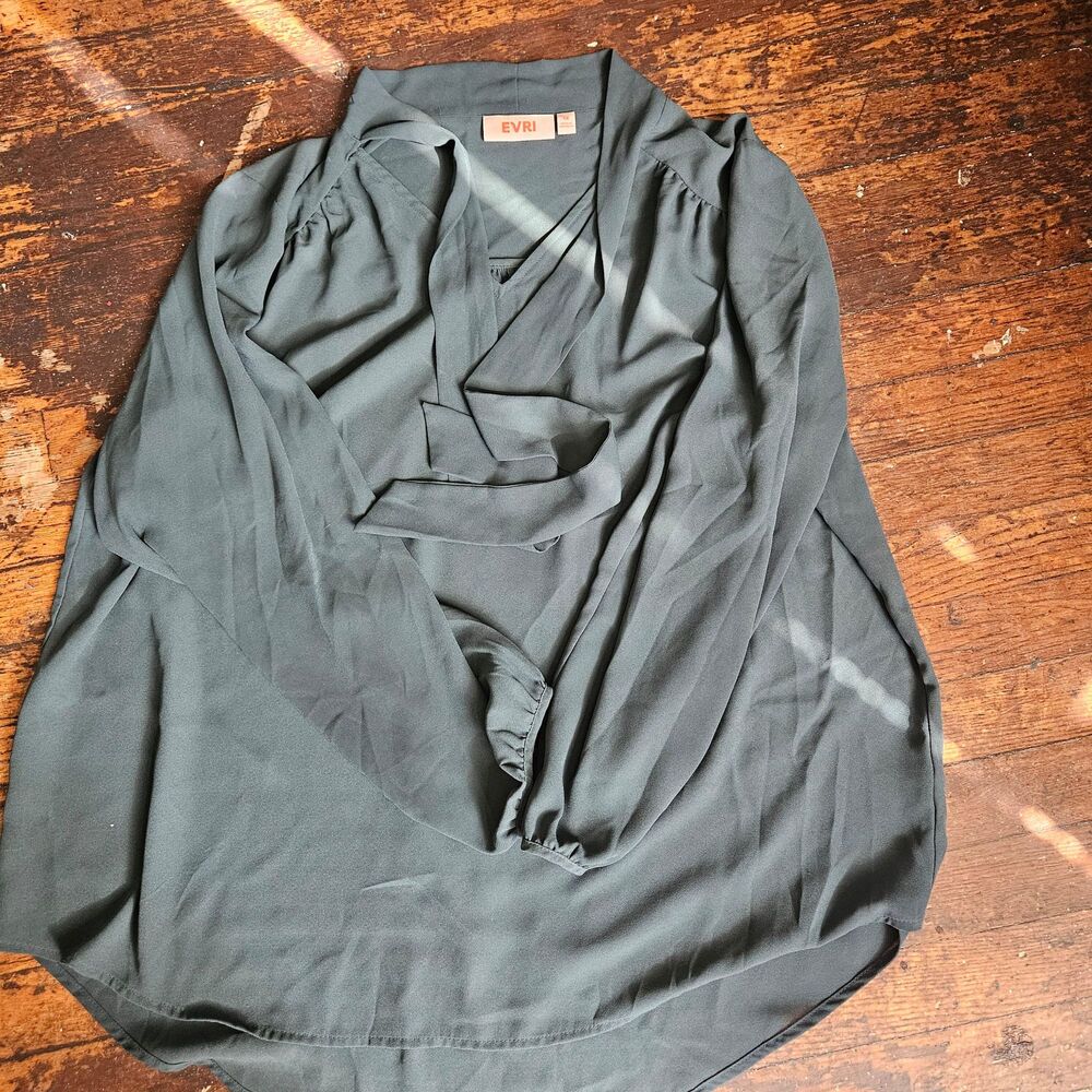 EVRI olive green long-sleeve blouse with a draped neck tie detail. size 1x